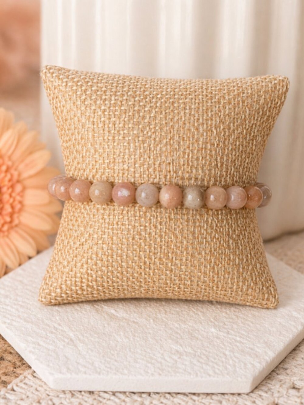 Natural Peach Moonstone 6mm Beaded Stretch Bracelet Crystal Healing Jewelry